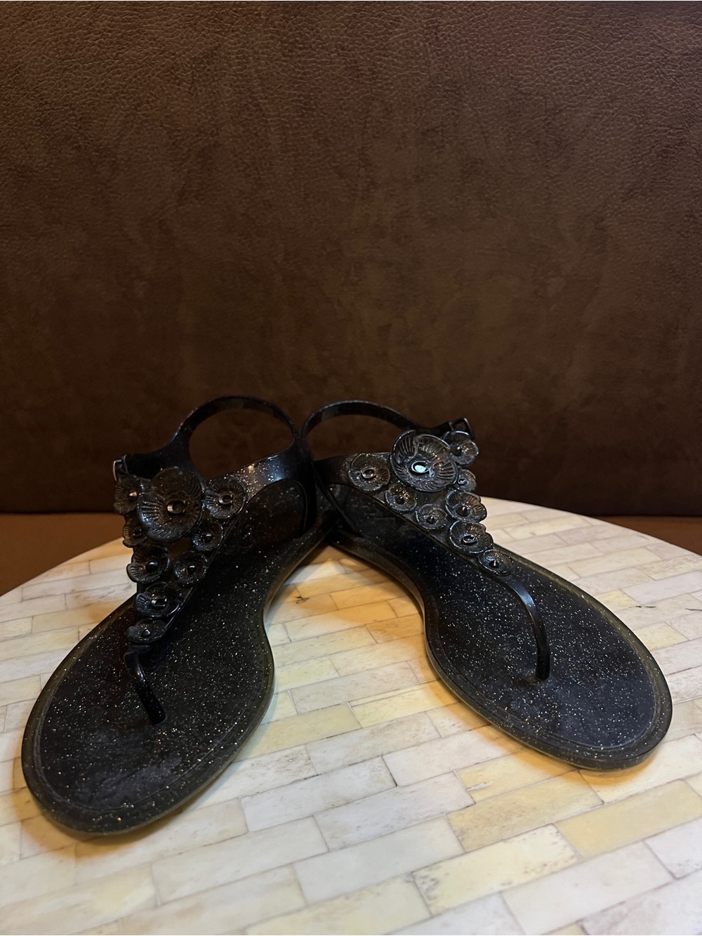 Coach Women’s Black Glitter Thong Sandals with Floral Accent